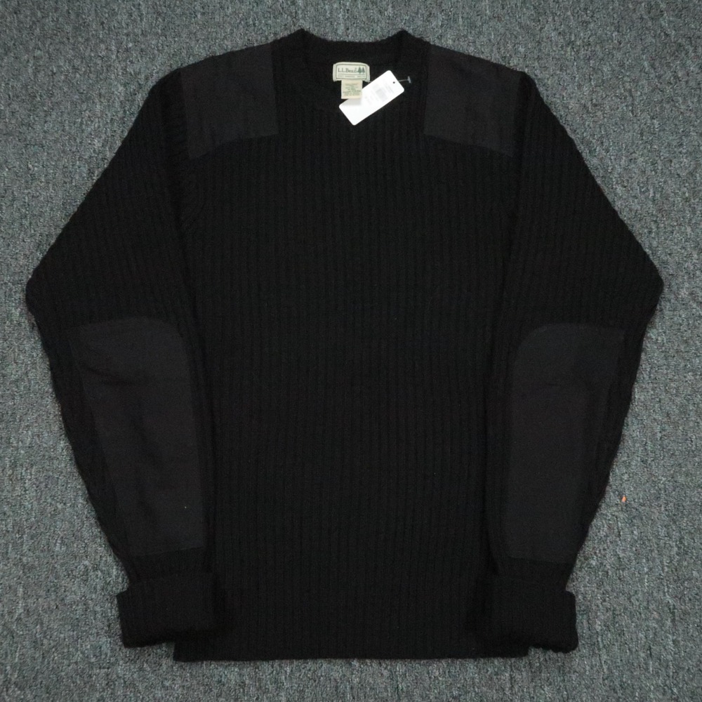 LL Bean Sweater Mens Medium Black Commando Crew Merino Lambs Wool Pullover